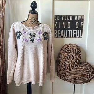 Lailah Ali Creme Chenille Sweater With Floral And Butterfly Appliques